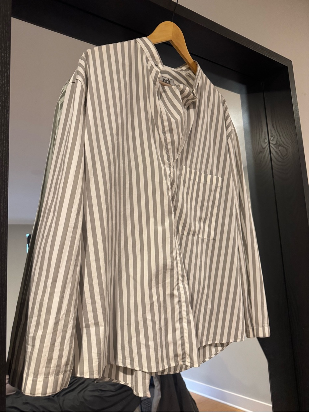 Hermes Striped Collarless Button-Up Shirt - White & Gray
